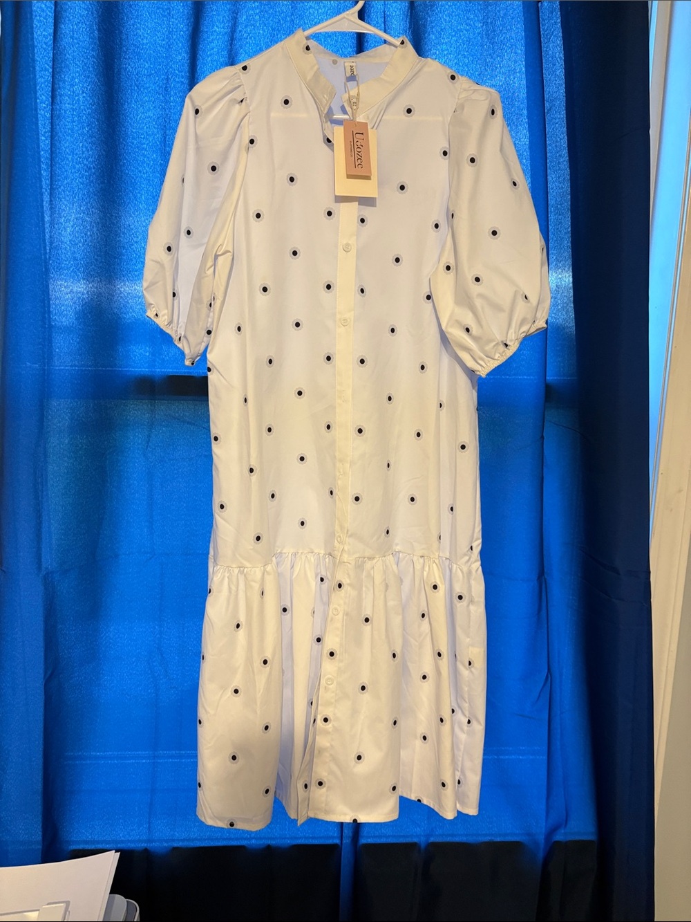 Ulla Johnson White Midi Dress with Black Eyelet Dot Detail